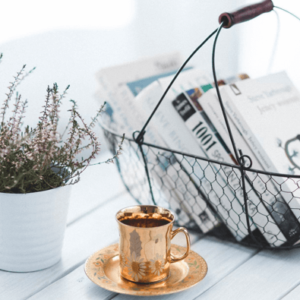 coffee cup and books